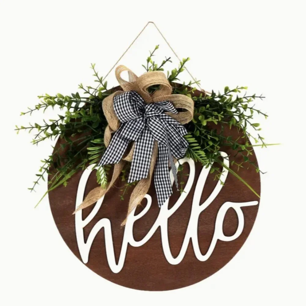 Hello Rustic Farmhouse Welcome Sign Buffalo Check Bow Wood Handmade Wreath Gift